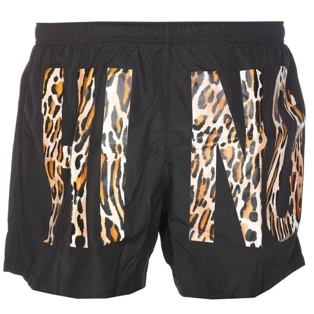 Moschino Black Swim Shorts, Elasticated Waistband, Drawstrings, Leopard Print Logo, 100% Polyester, Made In Italy, Large Brand Logo All Around, Brand Logo, Black Swim Wear