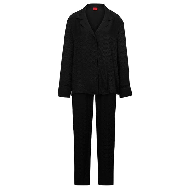 Womens Hugo Satinoir Pyjamas in black.- Spread collar.- Long sleeves with button cuffs.- Ful button fastening.- Elasticated waistband.- Ref: 50484438001