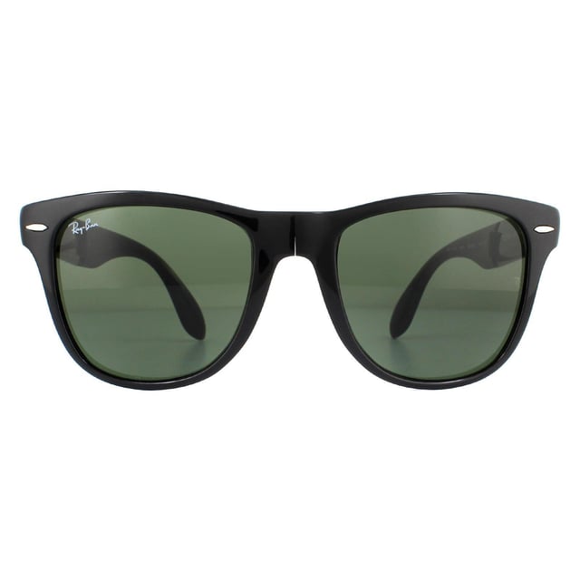 Ray-Ban Sunglasses Folding Wayfarer 4105 Black 601 50mm are a folding version of one of the most recognisable and bestselling sunglass styles worldwide and are enormously popular among celebrities, musicians and artists. The distinctive angled design and thick frame are sure to make a statement and Ray-Ban are constantly using vibrant colours and patterns to update this classic and popular style. The lightweight acetate frame is comfortable and the Ray-Ban logo is displayed on the corner of the lens in addition to the sculpted winged temples. They fold in the bridge and in the middle of the temples to give a compact finish that folds nicely into a suitable sized pouch for easy storage.