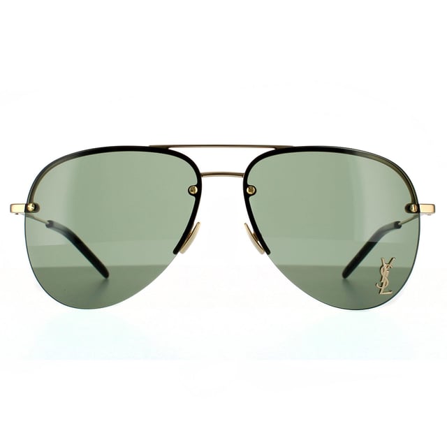 Saint Laurent Aviator Unisex Gold  Green Sunglasses Saint Laurent are a classic rimless aviator design with super slim metal temples, adjustable nose pads and plastic temple tips for a comfortable finish. One lens is embellished with the YSL logo for authenticity.