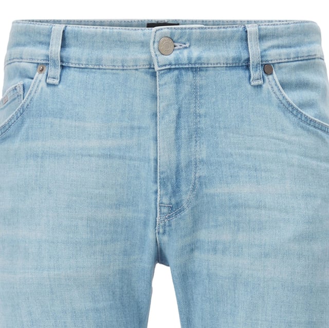 Regular fit- for a casual silhouette - cashmere touch by Candiani -  stretch for best wearing comfort - responsible - GOTS certified organic cotton - super soft hand feel - mid blue wash - authentic trims