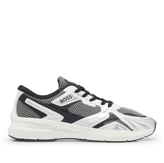 Runner inspired sneaker introduced in the SR23 Collection, for the daily urban use. Upper made of mesh, thermo and rubber synthetic leather for a fresh sporty look. BOSS embossed logo on quarter and on the backtab, printed logo on tongue. Ref: 50504289041.