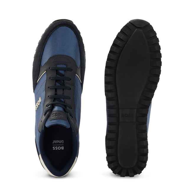 Sporty BOSS running inspired sneakers. Modern upper design in nylon enriched by raised BOSS logo on the quarter. Lightweight EVA providing comfort and extra cushioning. Modern rubber and rubberised detail assure a sporty look.
