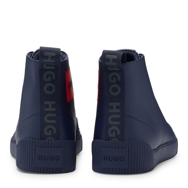 Men's Hugo Zero Hi-Top Trainers in Dark Blue Mens HUGO Zero Hi-Top Trainers in dark blue.- Grainy leather Rubber sole- Construction: Cemented- Big woven label with reversed logo HUGO icon- Ref: 50471336-401