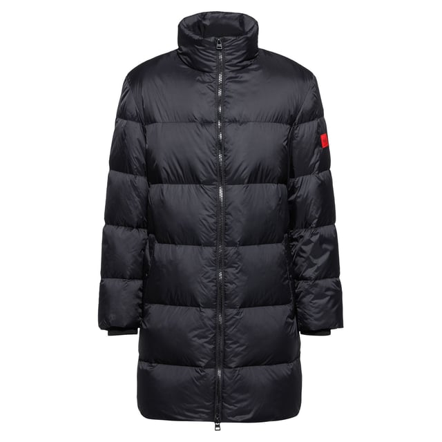 Mens HUGO Magnus Coat in back.cool leisure coat - stand collar - ribbed cuffs - zip closure and welt pockets with press button detail - HUGO logo on the sleeve- Regular fit.- Main material: 100% Polyamide (recycled)  Lining: 100% Polyester  Filling: 70% Duck down  30% Duck feather.