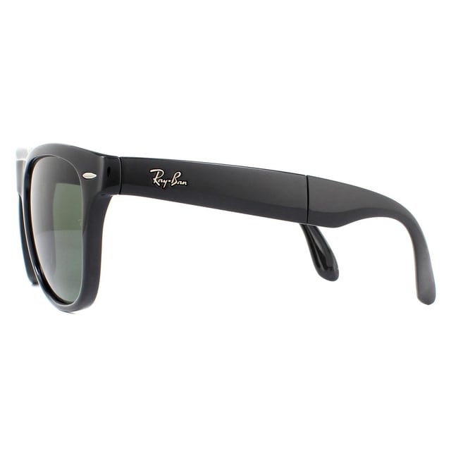 Ray-Ban Sunglasses Folding Wayfarer 4105 Black 601 50mm are a folding version of one of the most recognisable and bestselling sunglass styles worldwide and are enormously popular among celebrities, musicians and artists. The distinctive angled design and thick frame are sure to make a statement and Ray-Ban are constantly using vibrant colours and patterns to update this classic and popular style. The lightweight acetate frame is comfortable and the Ray-Ban logo is displayed on the corner of the lens in addition to the sculpted winged temples. They fold in the bridge and in the middle of the temples to give a compact finish that folds nicely into a suitable sized pouch for easy storage.