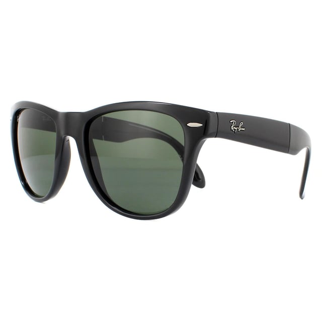 Ray-Ban Sunglasses Folding Wayfarer 4105 Black 601 50mm are a folding version of one of the most recognisable and bestselling sunglass styles worldwide and are enormously popular among celebrities, musicians and artists. The distinctive angled design and thick frame are sure to make a statement and Ray-Ban are constantly using vibrant colours and patterns to update this classic and popular style. The lightweight acetate frame is comfortable and the Ray-Ban logo is displayed on the corner of the lens in addition to the sculpted winged temples. They fold in the bridge and in the middle of the temples to give a compact finish that folds nicely into a suitable sized pouch for easy storage.